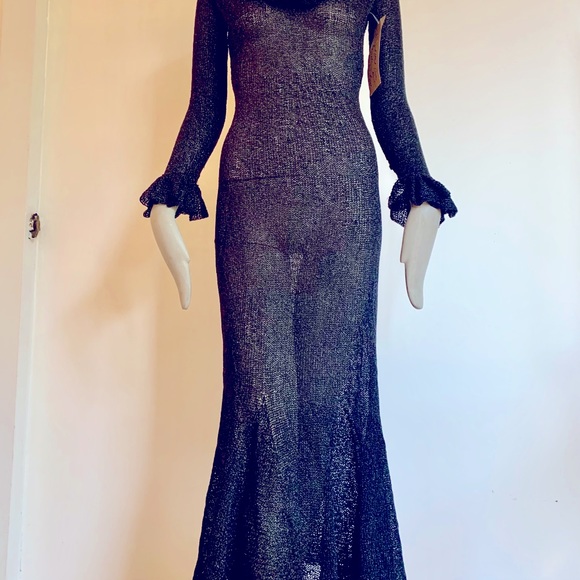 COPY - 70's Vintage knitted long black dress bell cuff - Picture 2 of 9